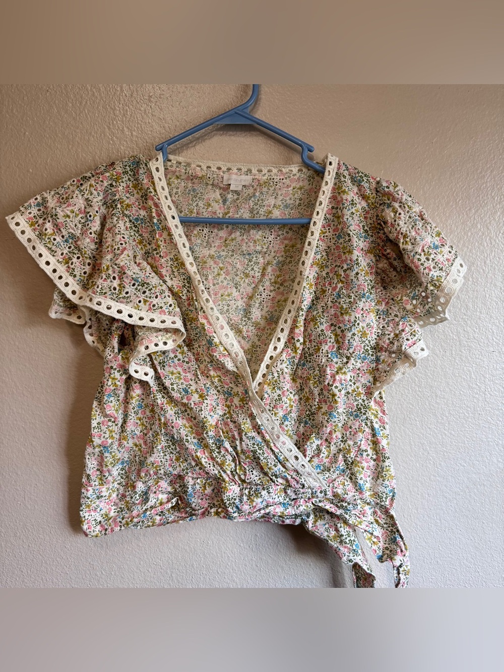 Floral Eyelet-Trim Wrap Blouse - Cream Multi